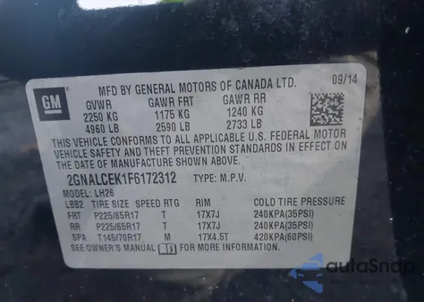 2015 Chevrolet Equinox 2Lt from USA, damaged, VIN 2GNALCEK1F6172312